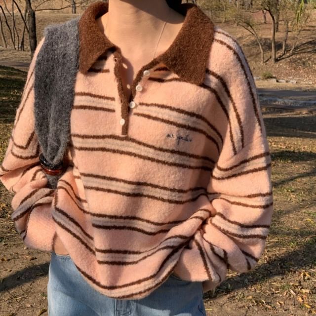 Striped Drop Shoulder Polo Sweater in Oversized Fit