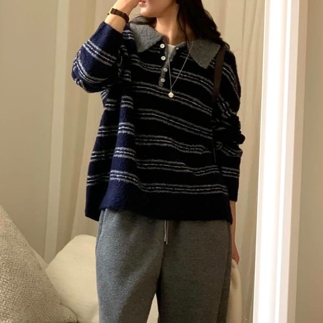 Striped Drop Shoulder Polo Sweater in Oversized Fit