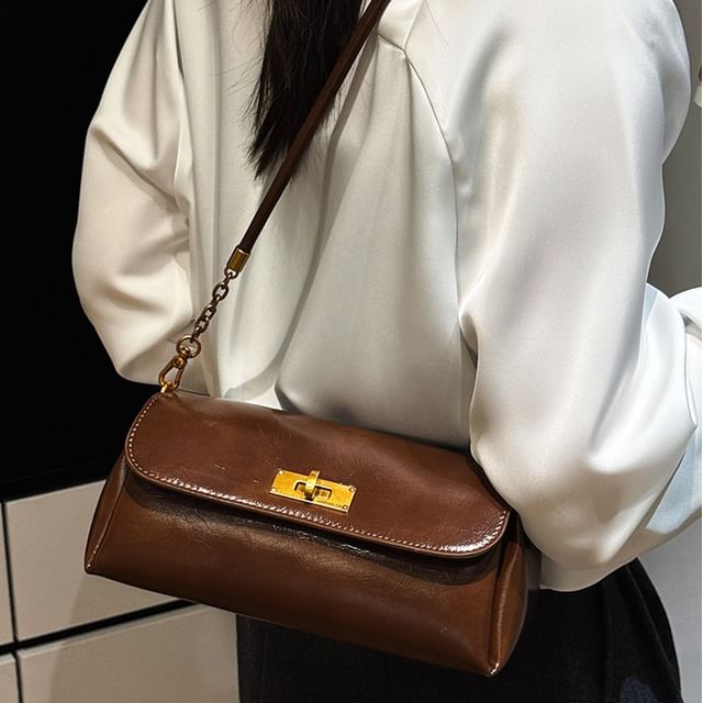 Plain Faux Leather Flap Shoulder Bag