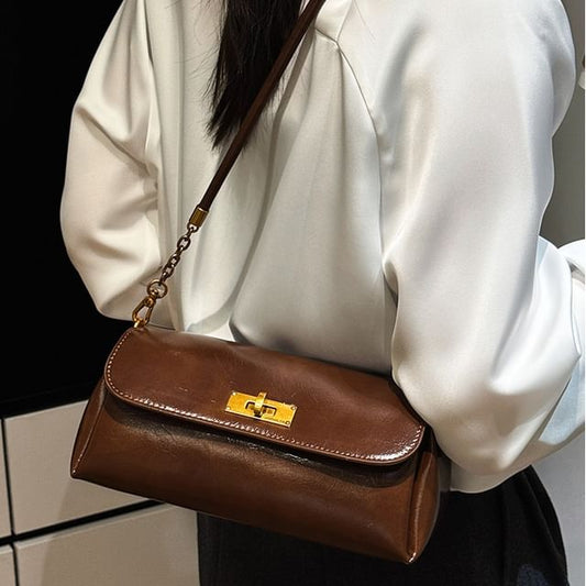 Plain Faux Leather Flap Shoulder Bag