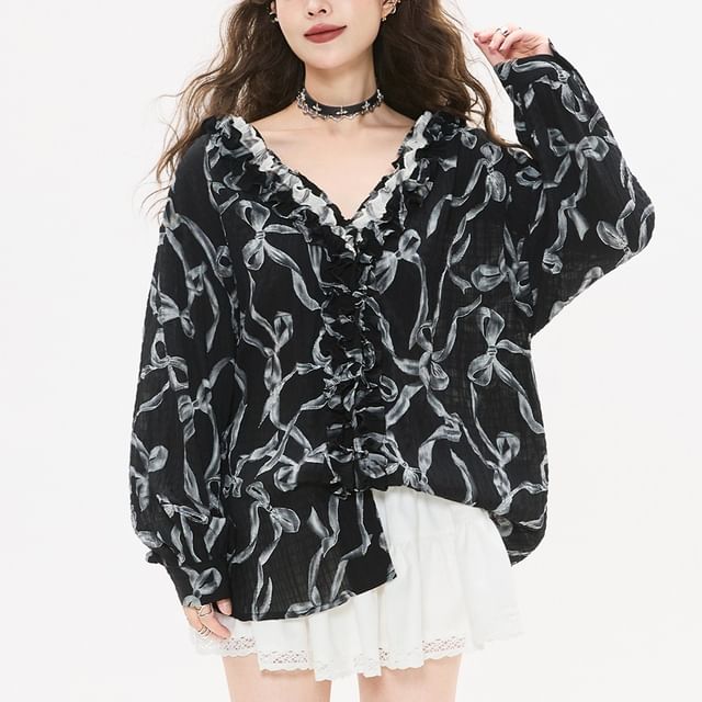V-Neck Hooded Long Sleeve Shirt with Print