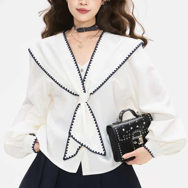 Sailor Collar Long Sleeve Shirt with Contrast Trim