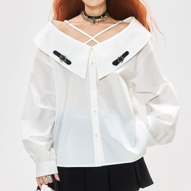 V-Neck Long Sleeve Shirt with Solid Color