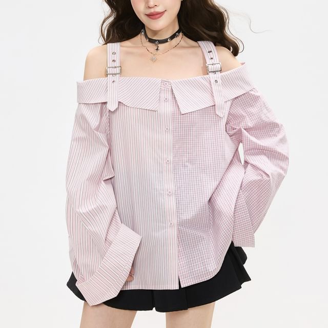 Cold Shoulder Long Sleeve Shirt with Buckle Strap Detail
