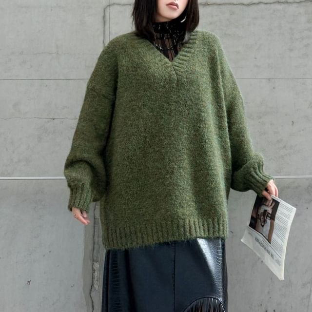 V-Neck Plain Knit Sweater