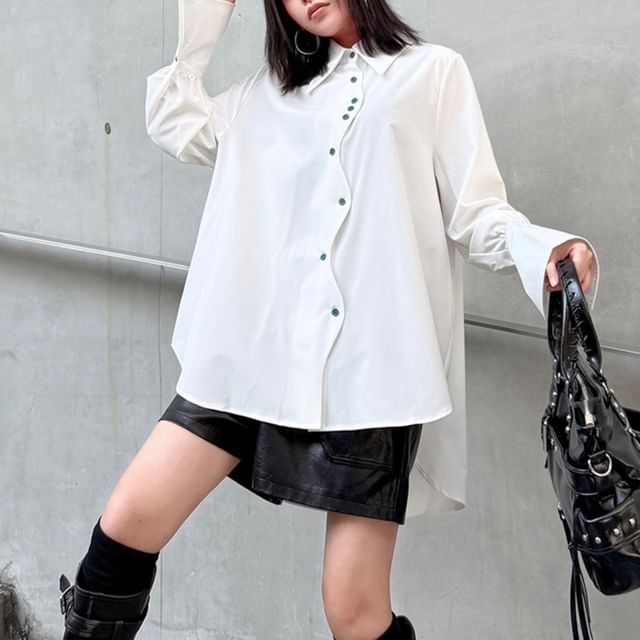 High-Low Collared Long Sleeve Shirt with Solid Color