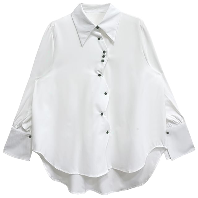 High-Low Collared Long Sleeve Shirt with Solid Color