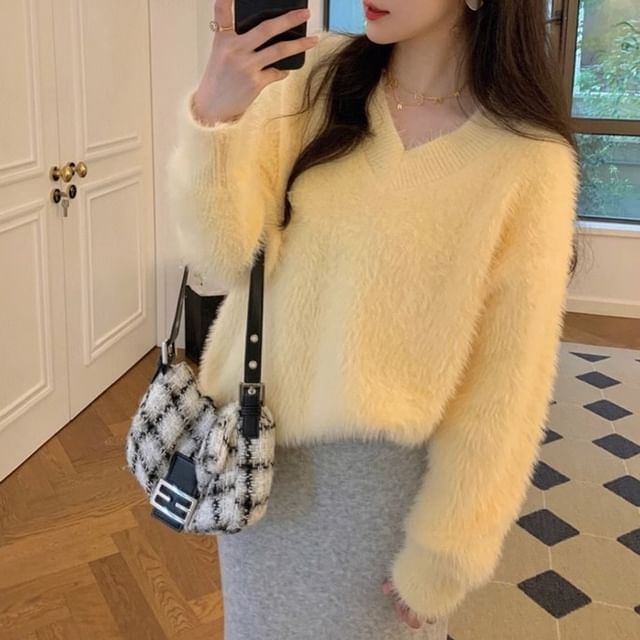 V-Neck Fluffy Soft Knit Sweater