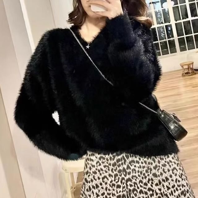 V-Neck Fluffy Soft Knit Sweater