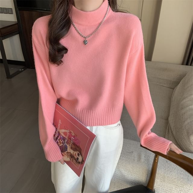 Mock Neck Crop Sweater with Drop Shoulder and Plain Design