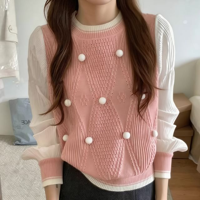 Crew Neck Sweater with Pom Pom Trim Panels