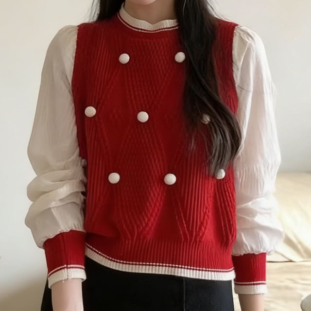 Crew Neck Sweater with Pom Pom Trim Panels
