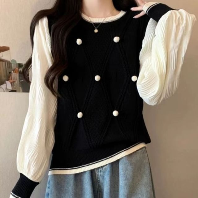 Crew Neck Sweater with Pom Pom Trim Panels