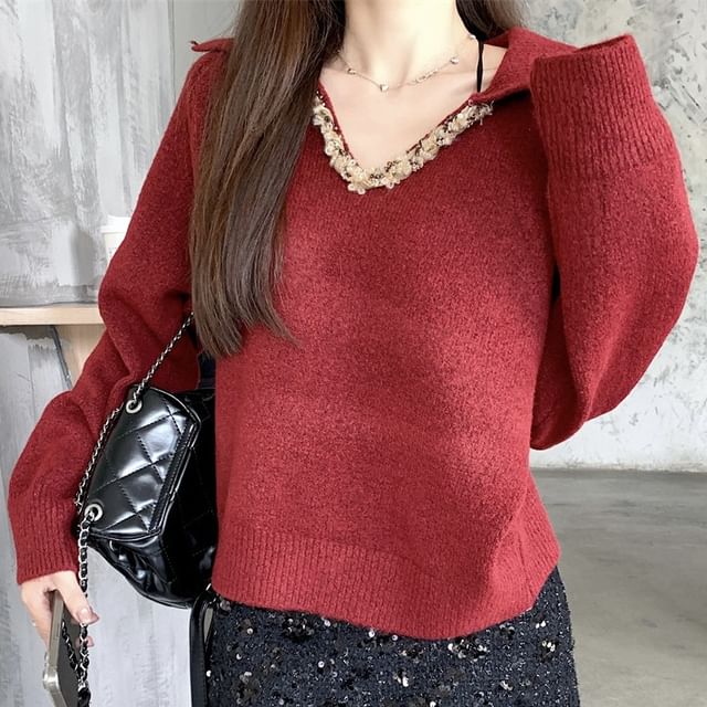 V-Neck Collared Knit Pullover