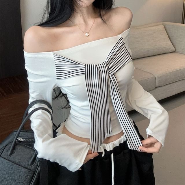 Off-Shoulder Striped Long Sleeve Top with Tie-Up Detail