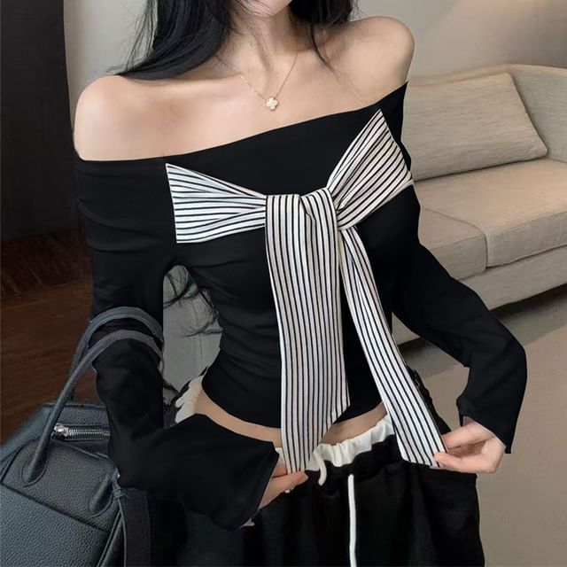 Off-Shoulder Striped Long Sleeve Top with Tie-Up Detail