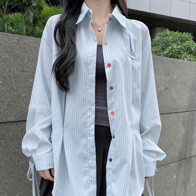 Striped Collared Long Sleeve Button-Up Shirt