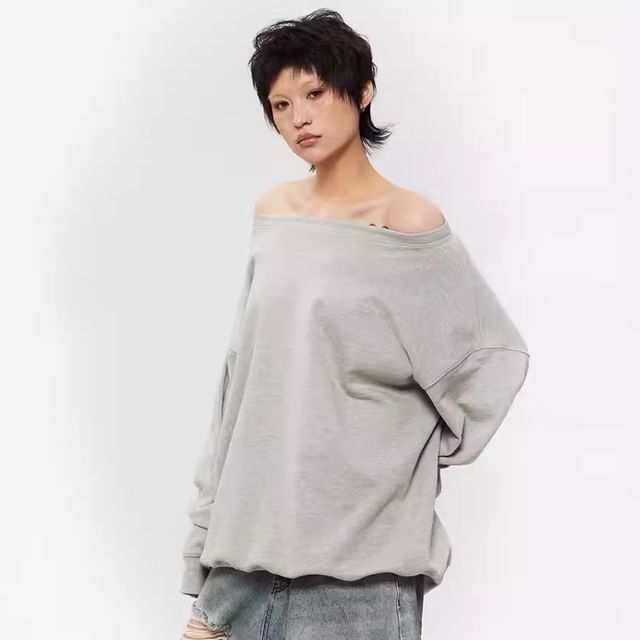 Off-Shoulder Plain Knit Pullover