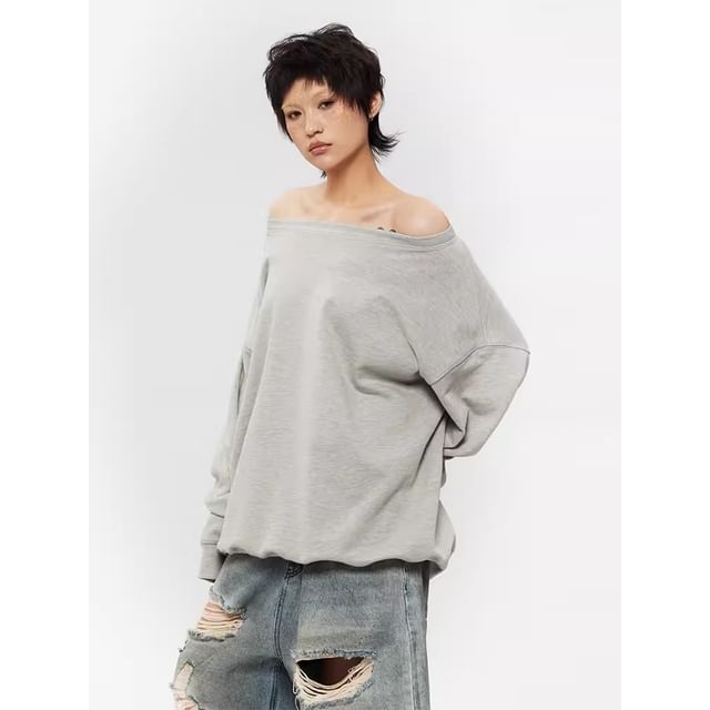 Off-Shoulder Plain Knit Pullover