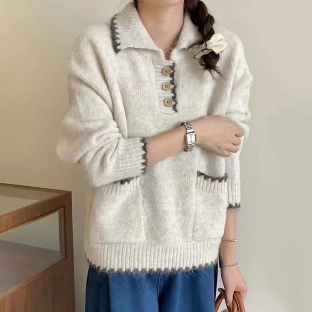 Oversized Drop-Shoulder Collared Knit Sweater