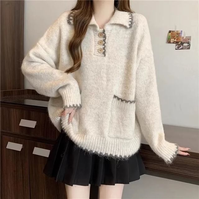 Oversized Drop-Shoulder Collared Knit Sweater