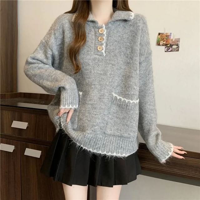 Oversized Drop-Shoulder Collared Knit Sweater