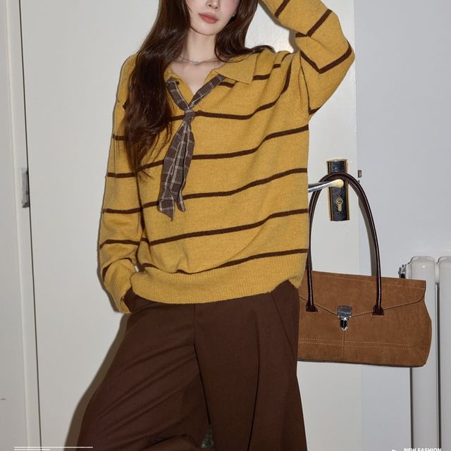 Oversized Striped Sweater with Collar and Scarf Set