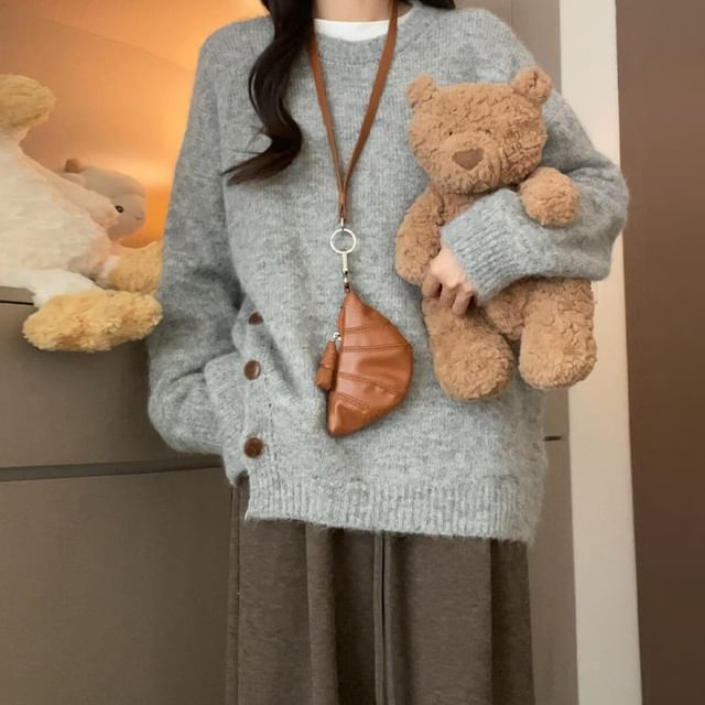 Crew Neck Button-Front Knit Pullover with Side Slit