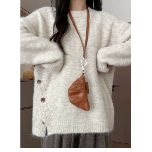 Crew Neck Button-Front Knit Pullover with Side Slit