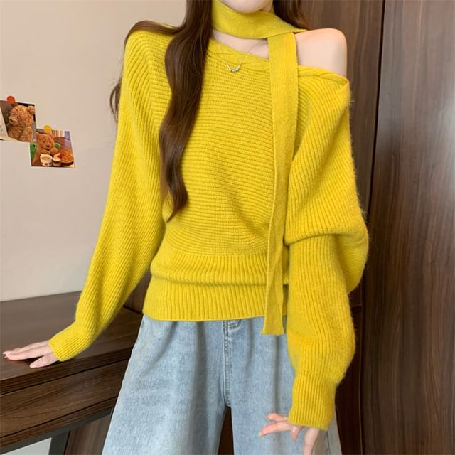 Asymmetric One-Shoulder Ribbed Knit Sweater