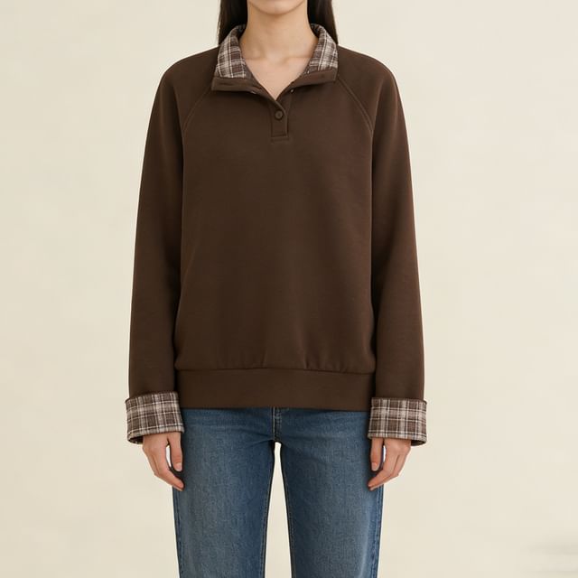 Plaid Panel Henley Mock Neck Sweatshirt