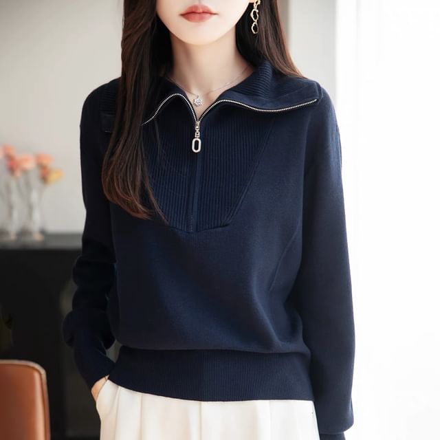 Turtleneck Half-Zip Knit Sweater