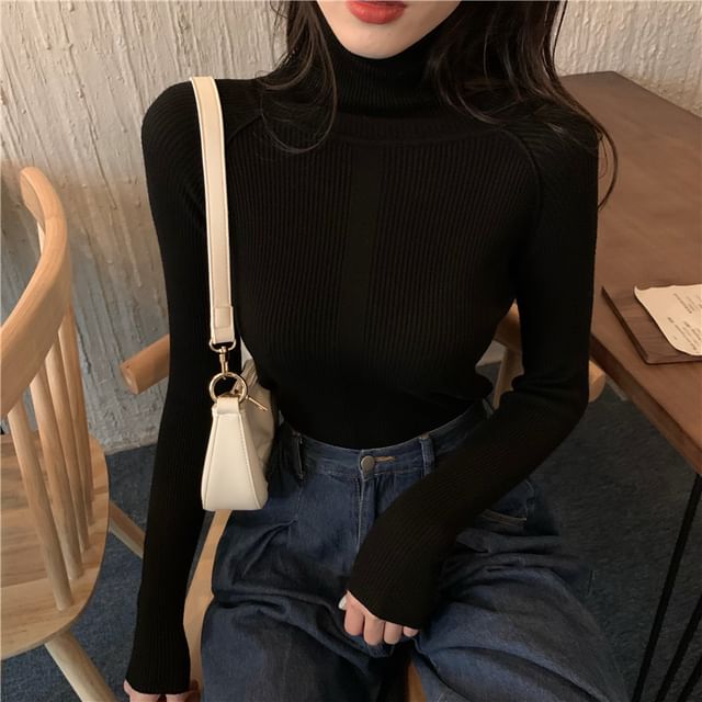Turtleneck Ribbed Long Sleeve Knit Top