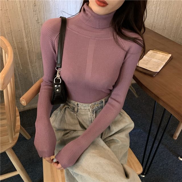 Turtleneck Ribbed Long Sleeve Knit Top
