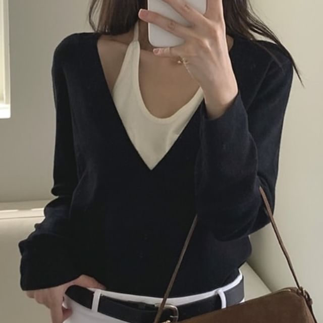 Halter Mock Two-Piece Long Sleeve Knit Top