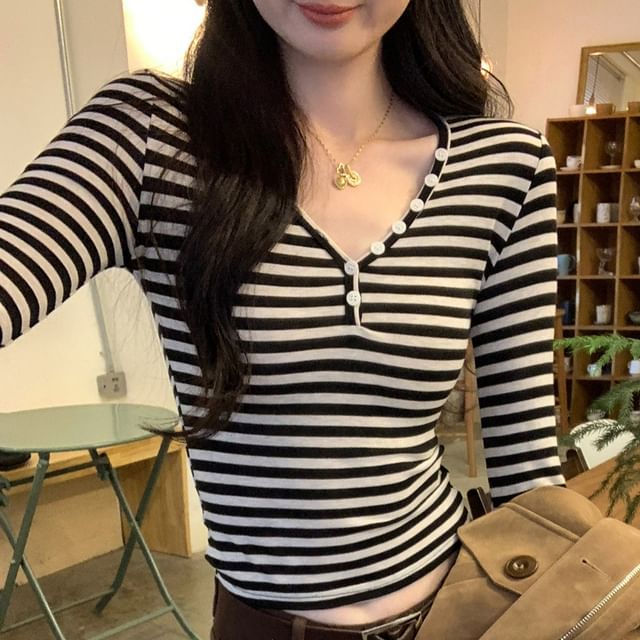 Striped Button-Front V-Neck Long Sleeve Tee