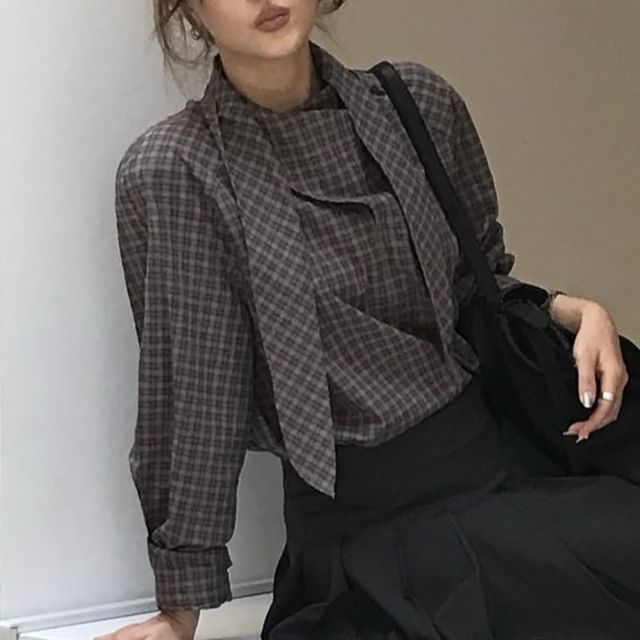 Tie-Neck Plaid Long-Sleeve Shirt