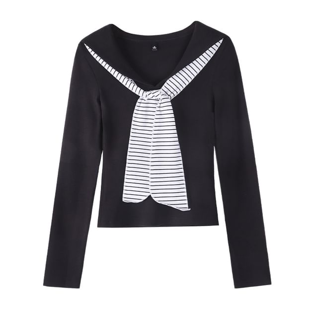 Sailor Collar Stripe Panel Fitted Shirt