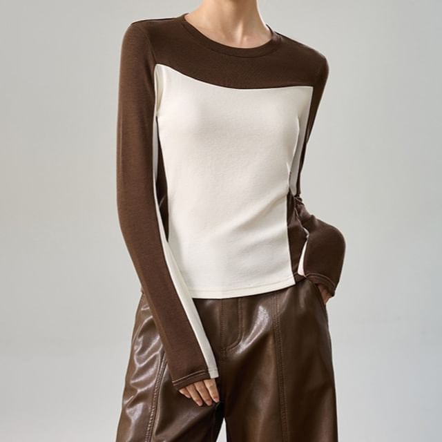 Two-Tone Crew Neck Fitted Long-Sleeve Top