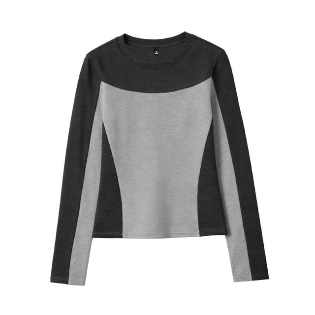 Two-Tone Crew Neck Fitted Long-Sleeve Top
