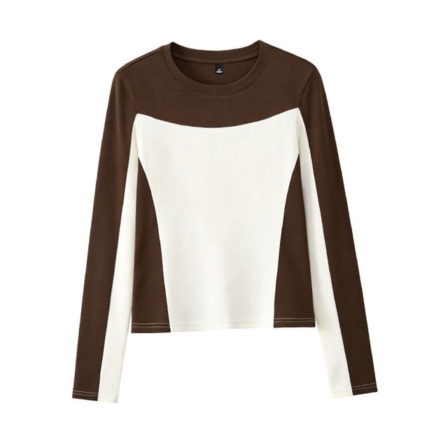 Two-Tone Crew Neck Fitted Long-Sleeve Top