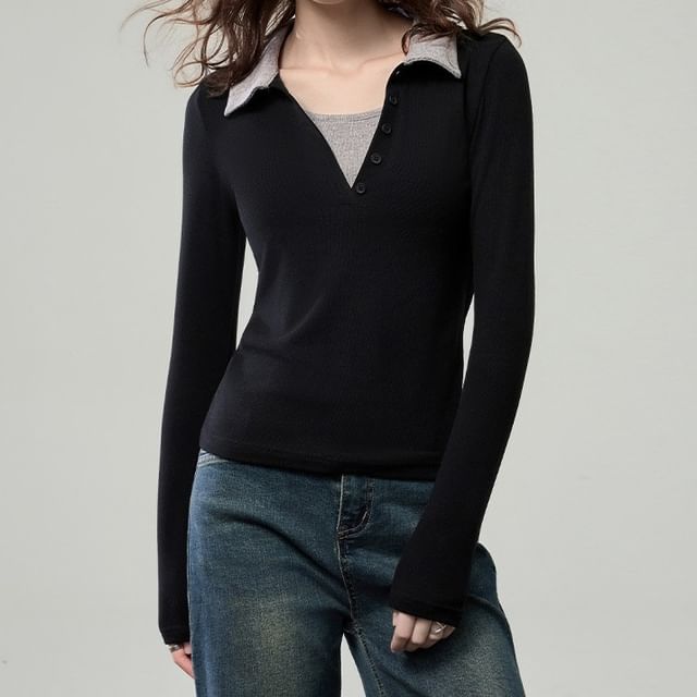 Collared Two-Tone Mock Two-Piece Fitted Top