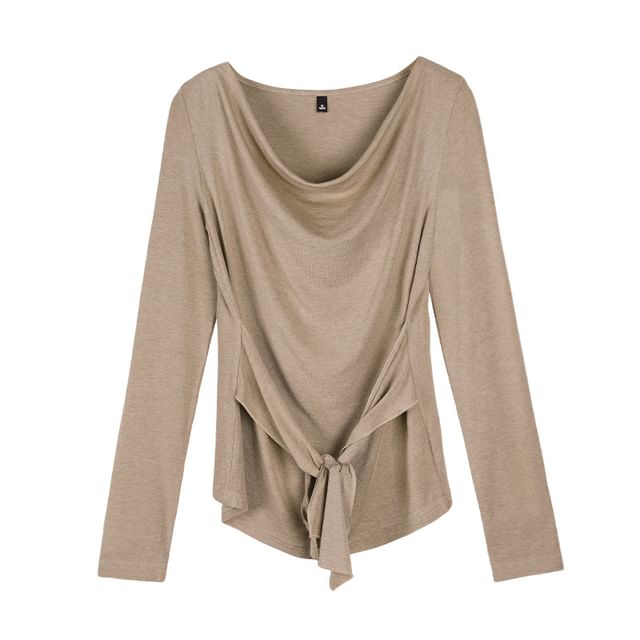 Cowl Neck Tie-Waist Plain Tee
