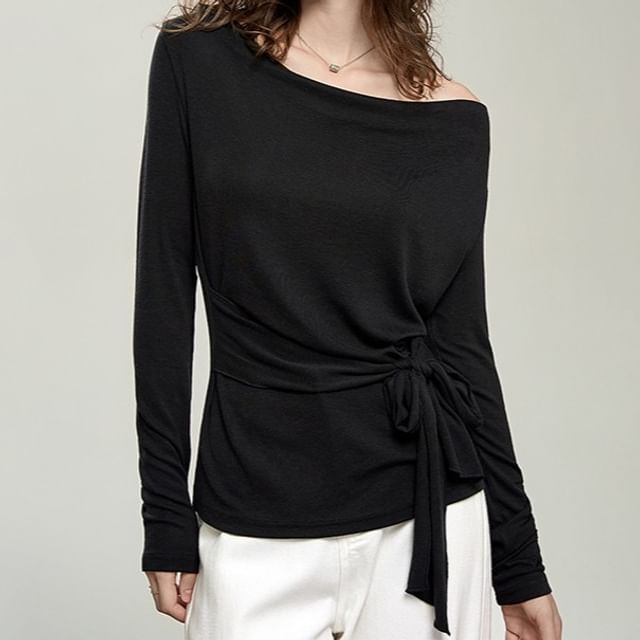 Cowl Neck Tie-Waist Plain Tee