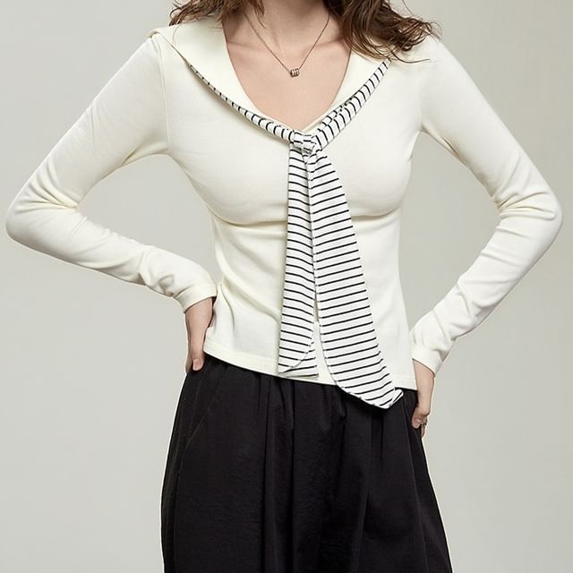 Sailor Collar Stripe Panel Fitted Shirt