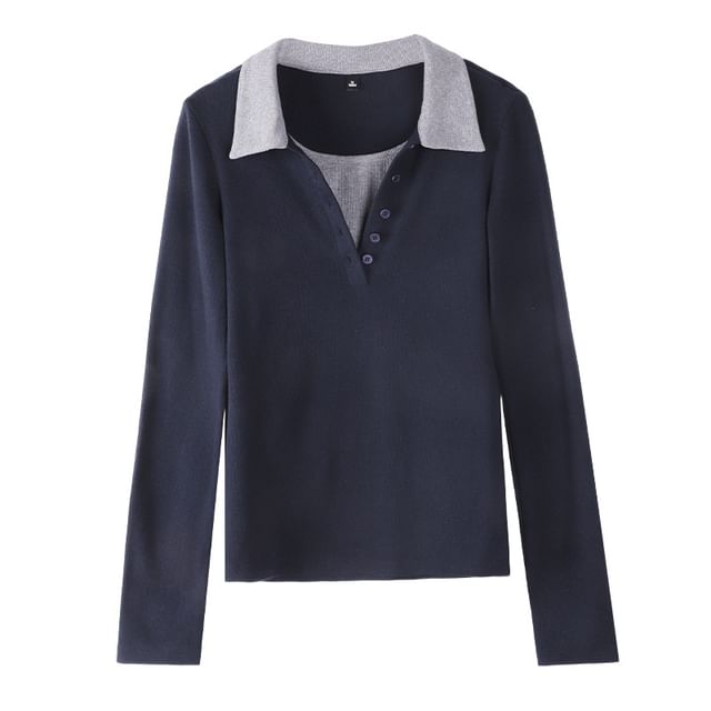 Collared Two-Tone Mock Two-Piece Fitted Top