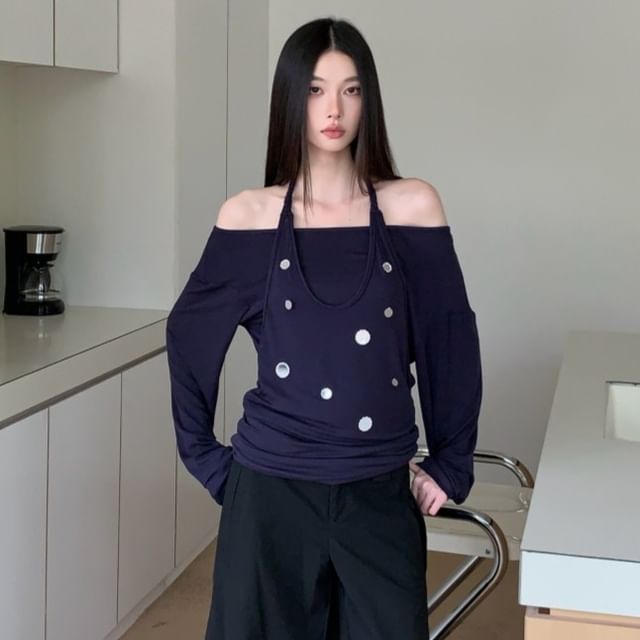 Halter Neck Two-Piece Long Sleeve Top