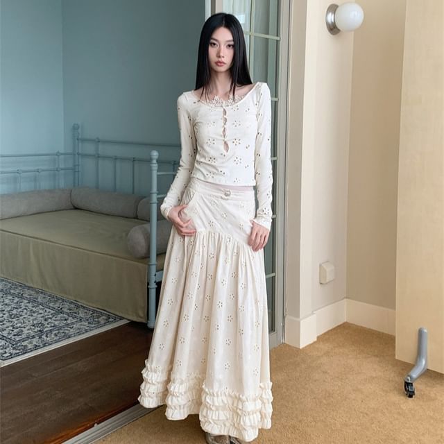 Lace Long Sleeve Top with High-Waist Maxi Skirt