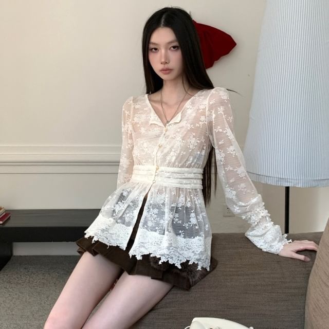 V-Neck Lace Long Sleeve Top