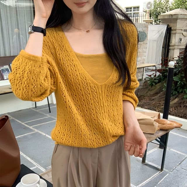 Scoop Neck Pointelle Sweater and Camisole Set